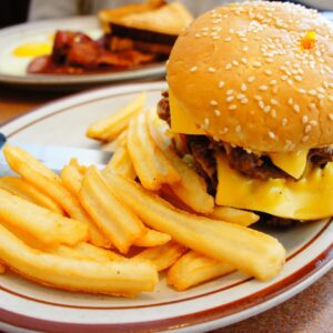 burger, french fries, row burger with fries, burger, burger, burger, burger, burger, french fries, french fries, french fries