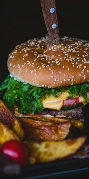 Delicious gourmet cheeseburger and crispy fries served with sauce. Perfect for lunch or dinner.